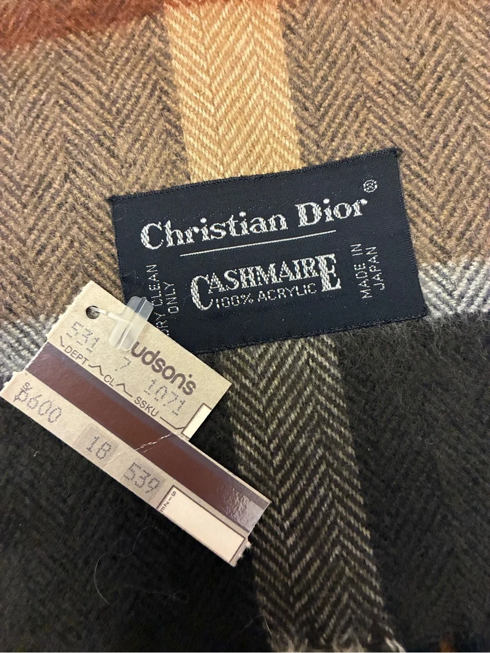 Dior Vintage Plaid Scarf in Brown, Black, Cream NWT